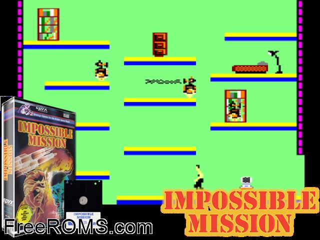 Impossible Mission (UK) (1986) (Disk 1 of 2) [a1] Amstrad CPC game showing 3D box cover and gameplay screenshot